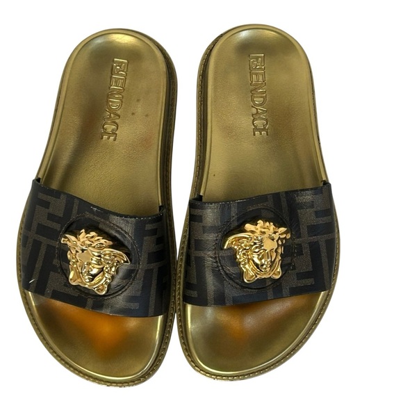 VERSACE x FENDI FENDACE Size EU 35 Slip On Pool Slide Vitello Calf Leather Gold - Picture 5 of 15